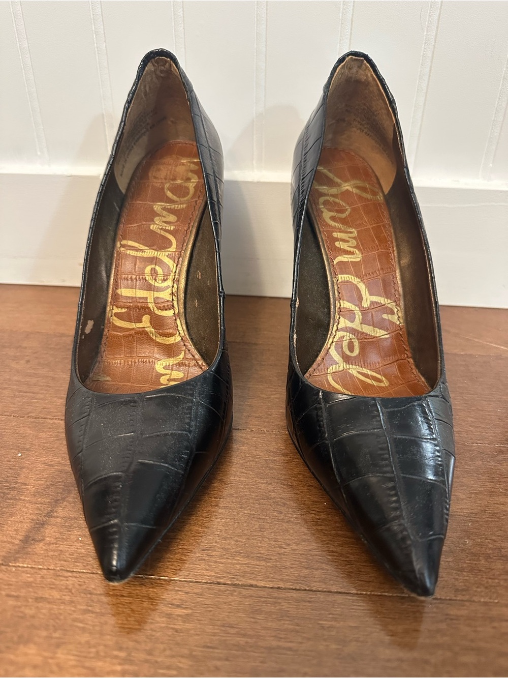 Sam Edelman Black Croc-Embossed Pointed Toe Pumps